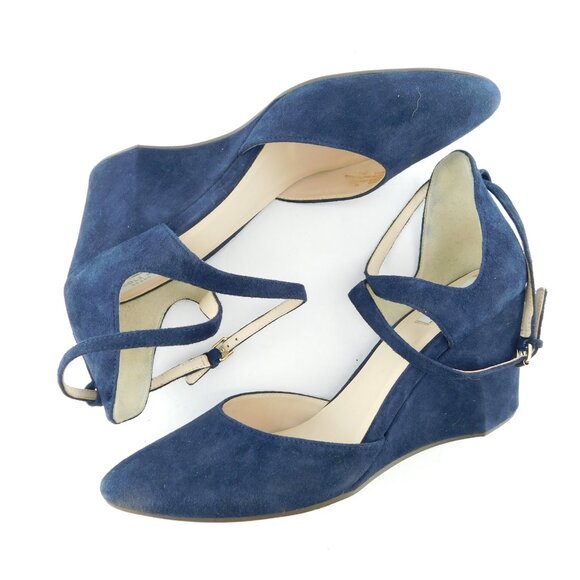 COLE HAAN Royal Blue Navy Suede Leather Ankle Strap Wedge Heel Pumps 8 - Picture 5 of 7